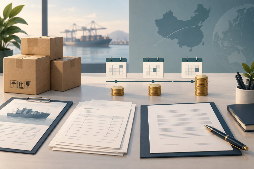 Export cartons, invoice papers and three calendar milestones illustrating an instalment repayment plan for unpaid goods / 出口货箱、发票文件与三个日历节点,示意拖欠货款的分期偿还安排