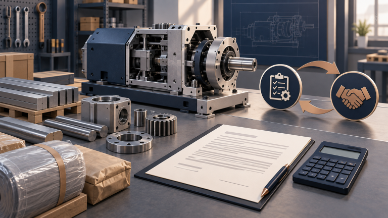 Partly assembled industrial machine, materials and a contract illustrating a custom order cancellation assessment / 尚未组装完成的工业设备、材料与合同，示意定制订单取消和费用结算评估