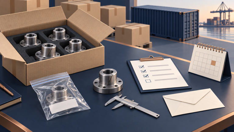 Machined components, a caliper, retained sample and notice envelope illustrating inspection of defective goods / 机械零件、游标卡尺、留样袋与通知信封，示意瑕疵货物检验和证据保存