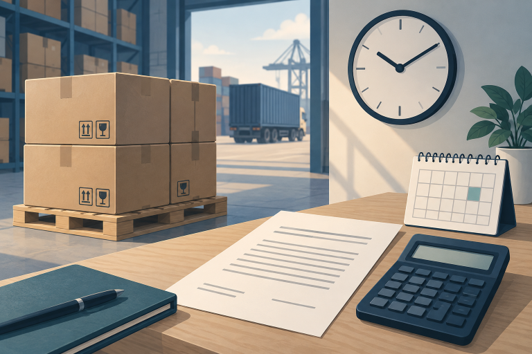 Export cartons beside a clock, calendar, contract and calculator illustrating a late-delivery damages review / 出口货箱、时钟、日历、合同与计算器，示意迟延交货违约金核对