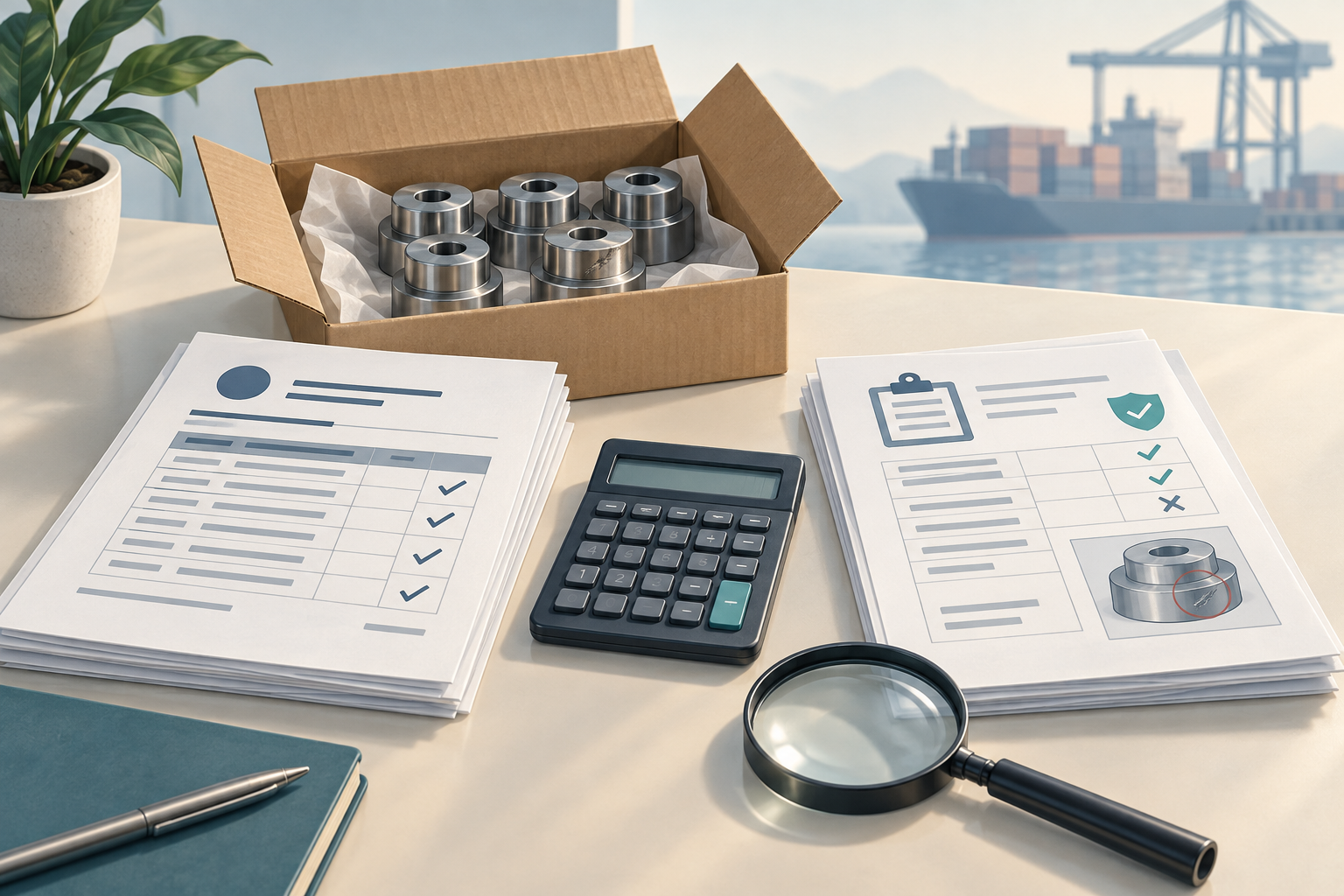 Export components, inspection papers, an invoice, magnifier and calculator illustrating review of a quality deduction / 出口零件、检验文件、发票、放大镜与计算器，示意核对质量扣款