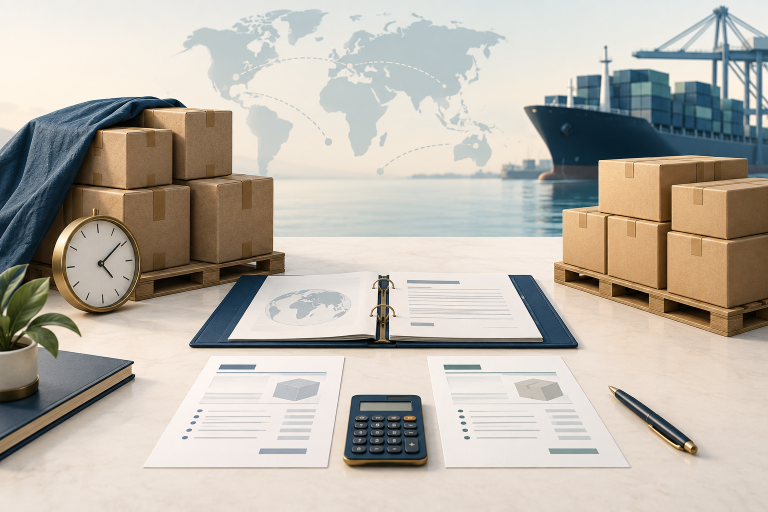Two sets of export cartons, a clock, comparison sheets and calculator illustrating replacement purchase costs / 两组出口货箱、时钟、对比文件与计算器，示意供应商违约后的替代采购成本