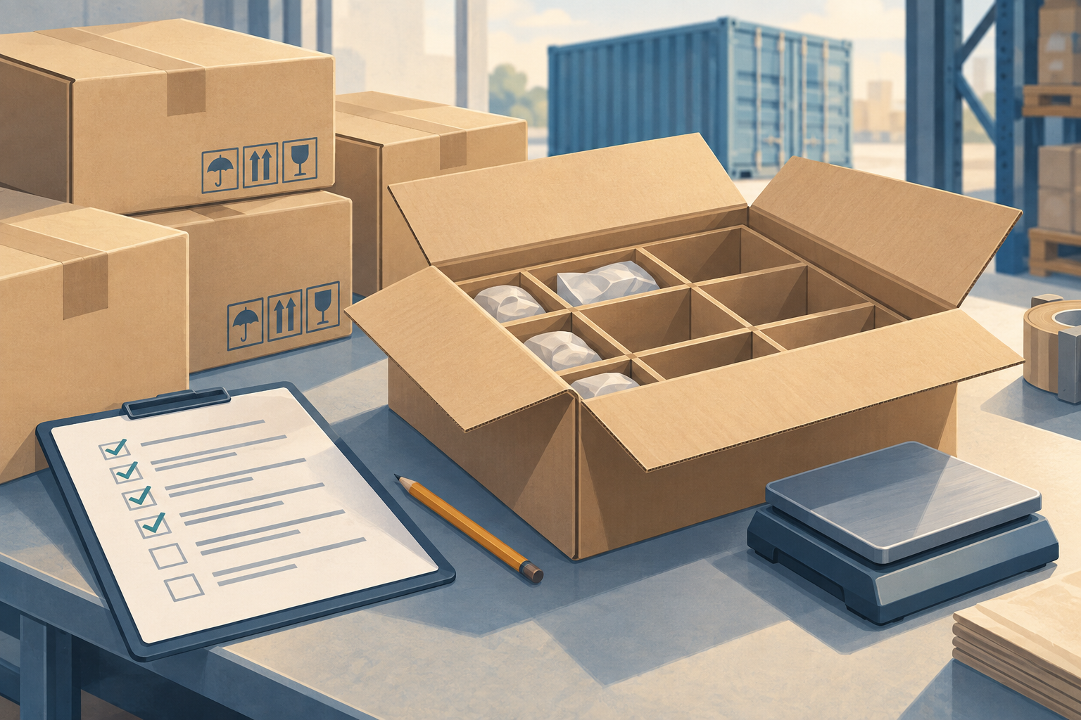 Open export carton with empty compartments, a packing checklist and weighing scale illustrating a shortage inspection / 带有空隔位的出口货箱、装箱核对表与称重设备，示意到货数量复核