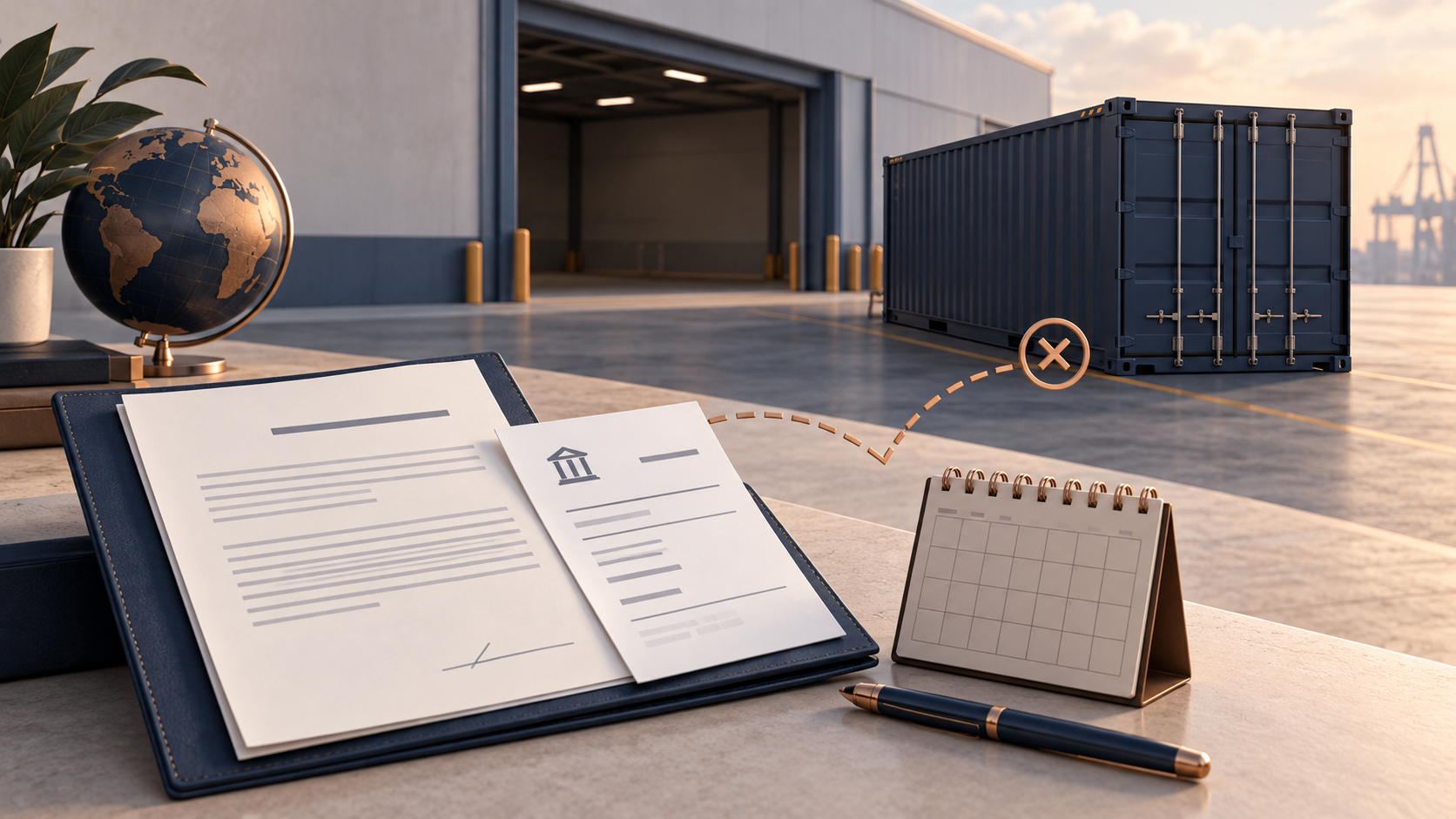 Contract, payment receipt and calendar beside an idle shipping container, illustrating a prepaid order with no delivery / 合同、付款凭证与日历旁的待发集装箱，示意付款后未交货争议