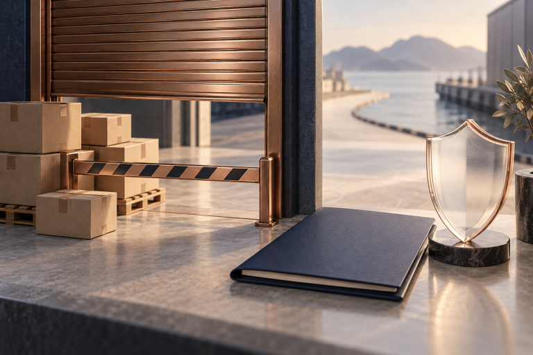 Cartons waiting behind a loading gate beside a blank contract folder and an abstract protective shield / 纸箱在装货闸门后等待，旁为空白合同夹与抽象保护盾