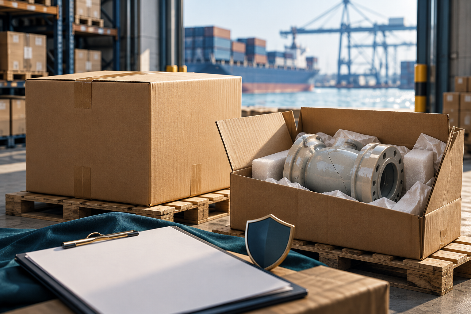 Port warehouse shelters cartons and a cracked component beside a blank inspection clipboard / 港口仓库内妥善存放的货箱与破损零件，旁放空白检验记录夹板