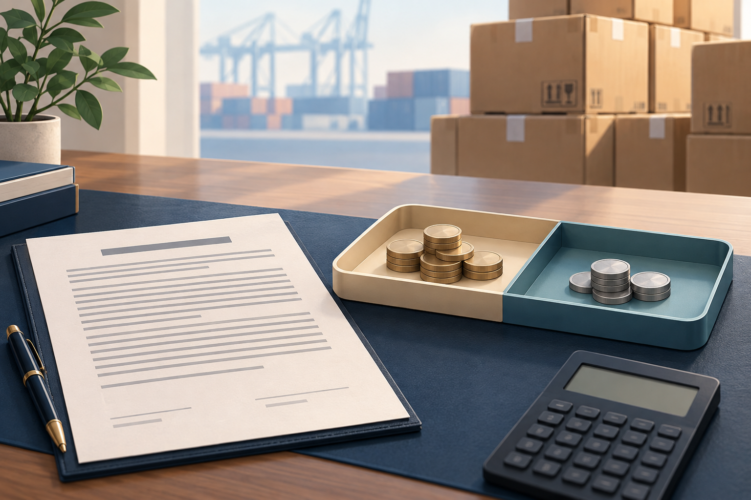 Two groups of tokens beside a contract, calculator and export cartons illustrate separating earnest money from an ordinary advance / 合同、计算器和出口货箱旁分组放置的代币，示意区分定金与普通预付款