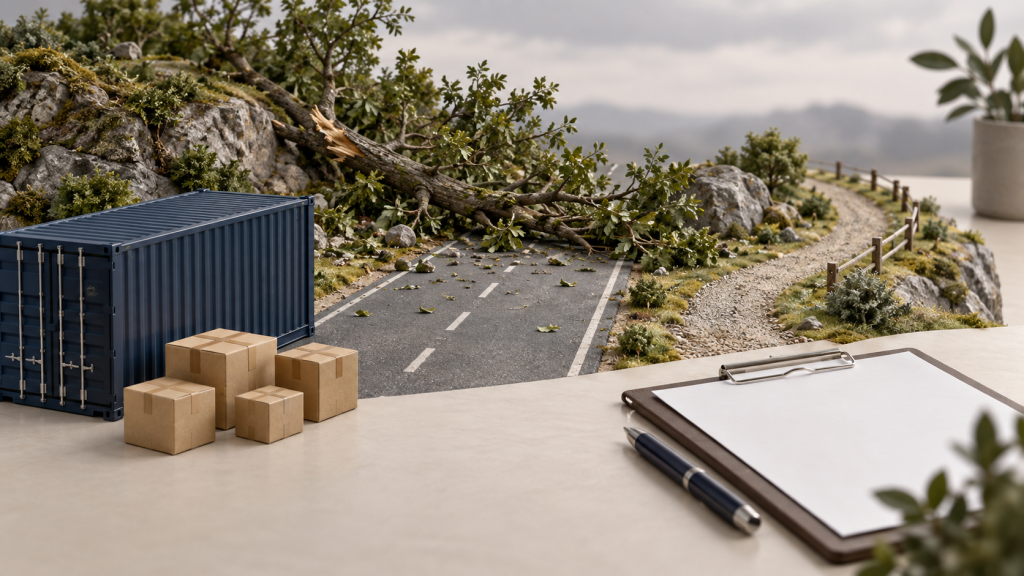 Miniature shipping container and cartons before a road blocked by a fallen tree, with an alternative path and blank clipboard / 微缩集装箱与纸箱前方道路被倒树阻挡,旁有替代路径和空白记录板