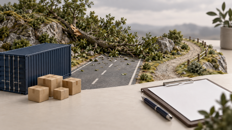 Miniature shipping container and cartons before a road blocked by a fallen tree, with an alternative path and blank clipboard / 微缩集装箱与纸箱前方道路被倒树阻挡，旁有替代路径和空白记录板