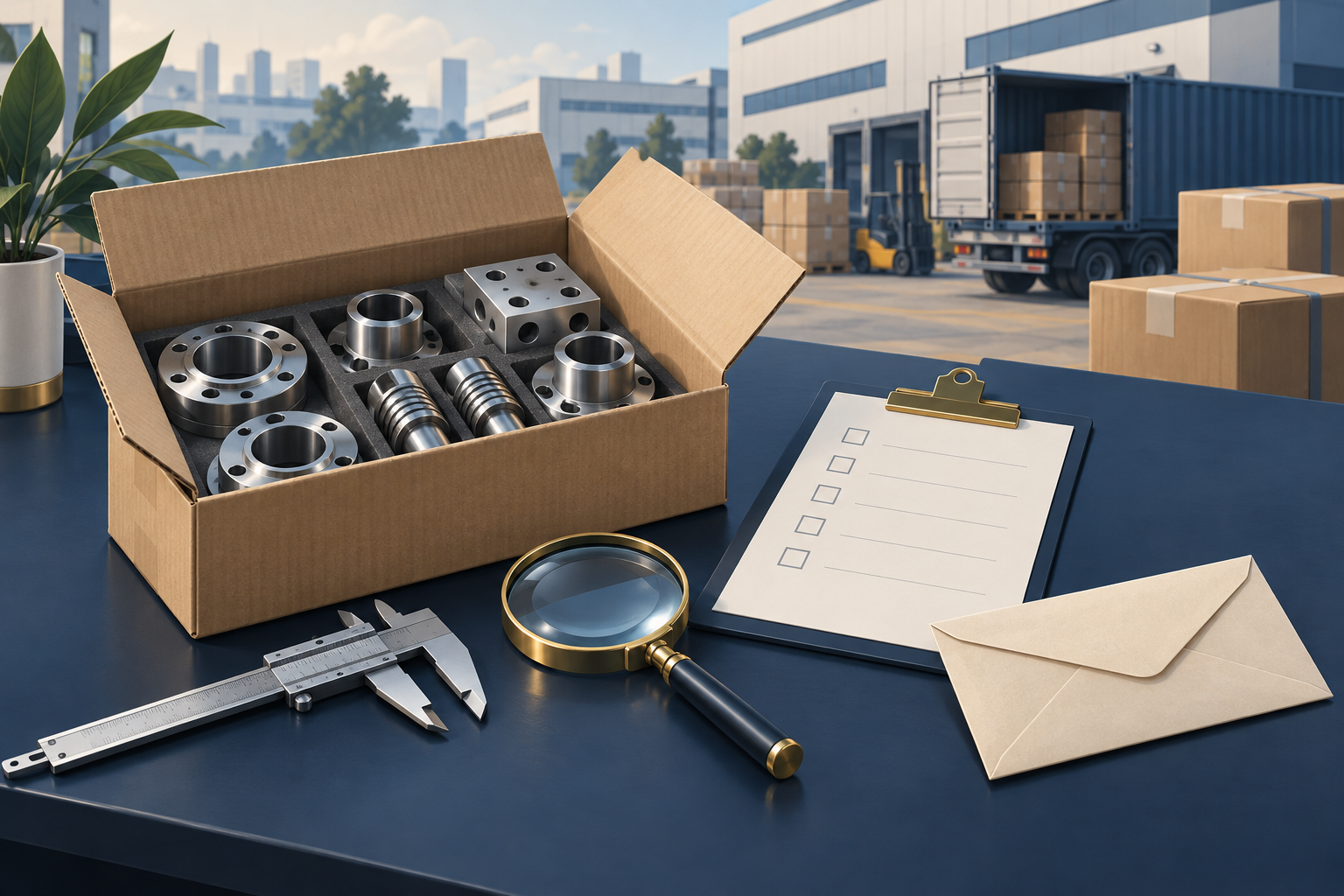 Machined parts in an open carton beside a caliper, blank inspection checklist and sealed envelope at a loading area / 装运区打开纸箱内的机加工部件、卡尺、空白检验清单和封口信封