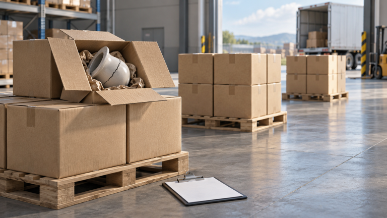 Three separate shipment batches in a warehouse, with a cracked component in one open carton and two intact groups of sealed cartons / 仓库中三批分开的货物，一批开箱部件破裂，另两批封箱完整