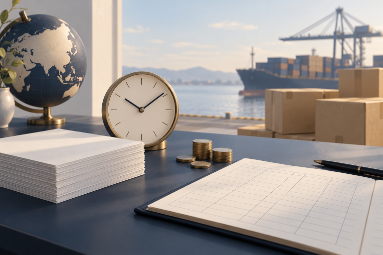 Clock, blank invoice sheets, a ledger and coins with export cartons illustrate reviewing overdue goods payment / 时钟、空白发票、账簿、代币和出口货箱，示意核对逾期货款