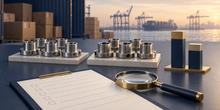 Pristine and imperfect industrial components with an inspection sheet and proportional comparison blocks / 合格与瑕疵工业零件、检验记录纸和比例比较方块
