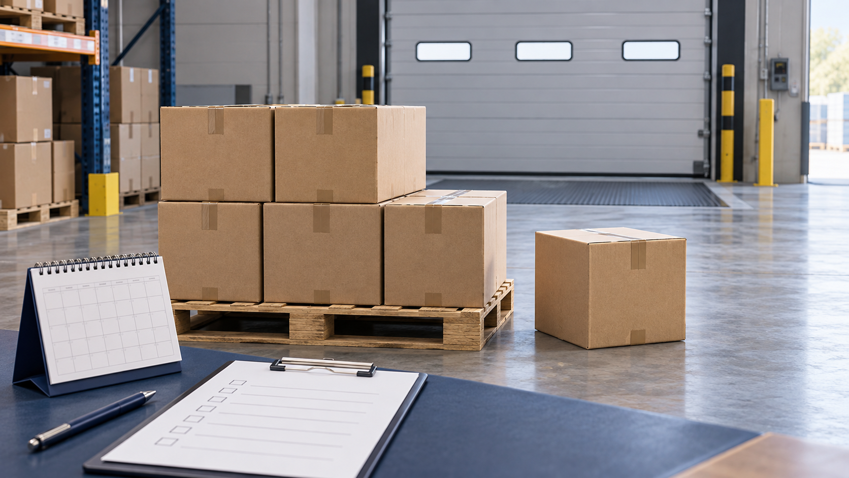 Pallet of sealed cartons in a warehouse beside a blank delivery checklist and calendar / 仓库中等待提货的封箱货物，旁放空白交货清单和日历