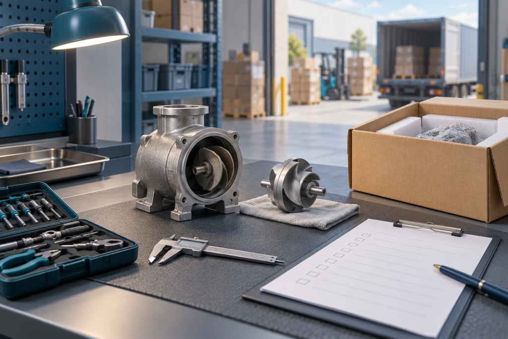 Pump housing and spare component beside a toolkit, caliper, blank checklist and shipping carton / 泵体及备用零件旁摆放工具箱、卡尺、空白检验清单和货运纸箱