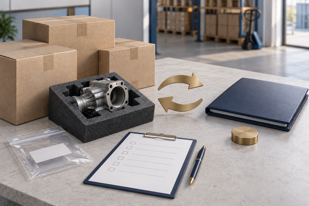 Cartons and a protected industrial component beside reciprocal brass arrows, a folder and an inspection checklist / 货箱、保护包装中的工业零件、双向箭头、文件夹与检验清单