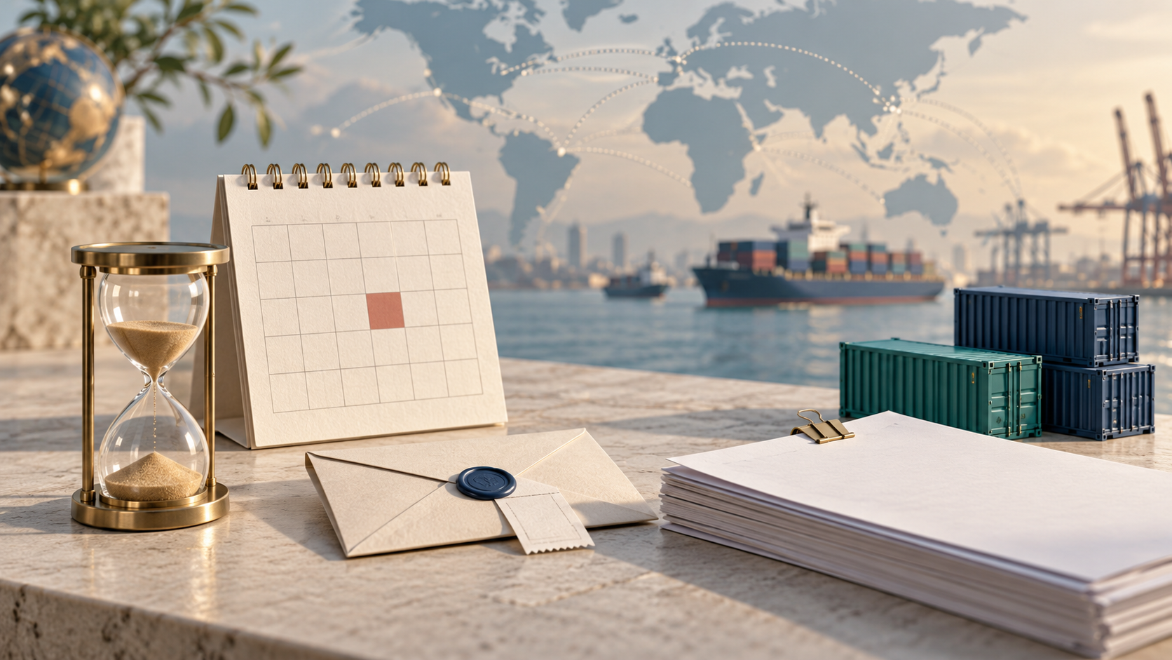 An hourglass, a marked blank calendar, an envelope receipt and contract papers beside shipping container models / 沙漏、标记空白日历、信封回执和合同纸张，与集装箱模型示意追偿期限及催告证据