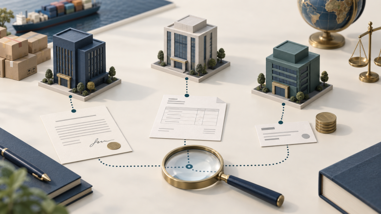 Three distinct company models linked to a contract, invoice and bank receipt, with a magnifying glass examining their relationship / 三个公司模型分别关联合同、发票和付款凭证，放大镜示意核对主体关系