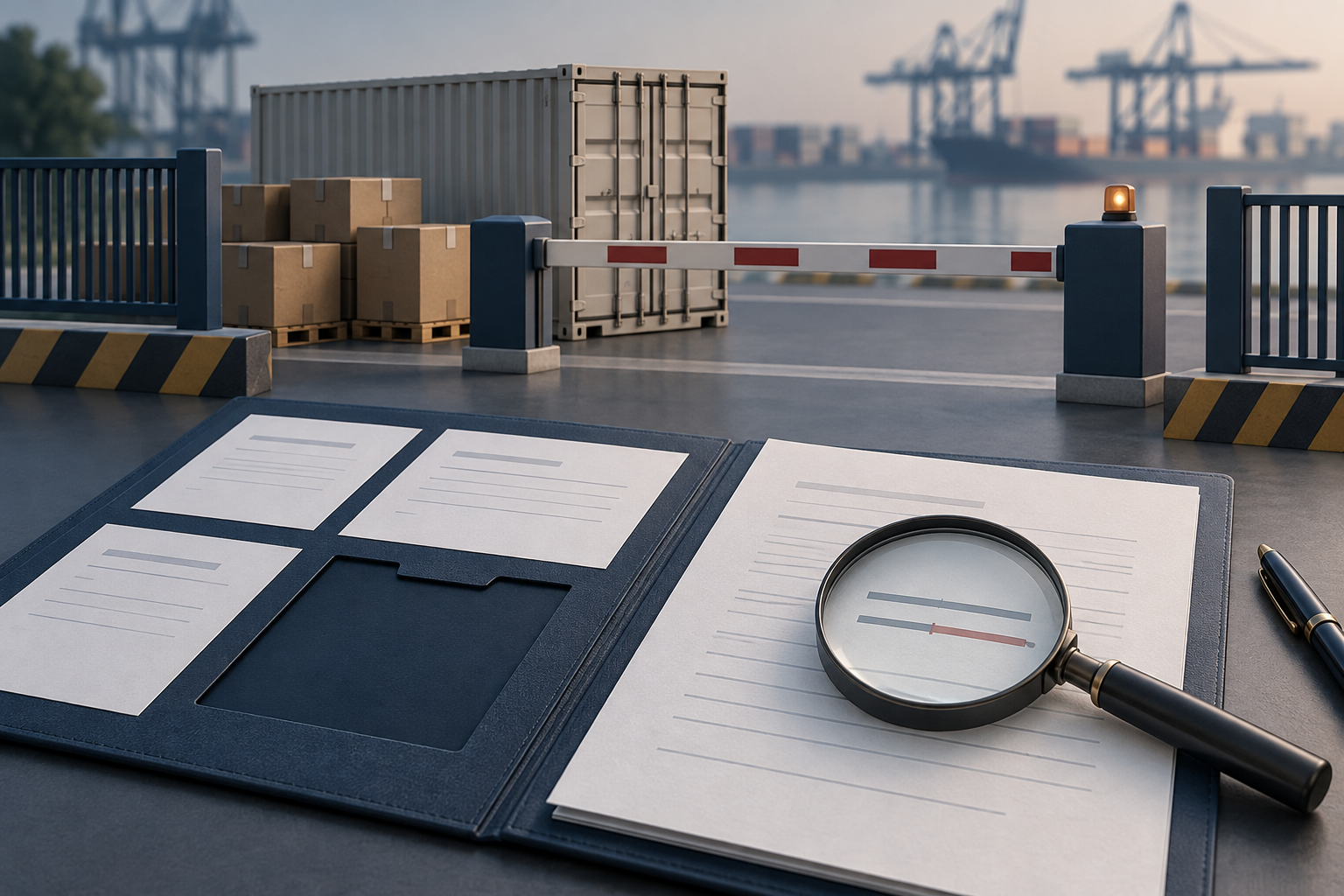 Blank shipping forms with a missing document slot and magnifying glass in front of cartons and a closed port barrier / 空白货运文件夹留有缺件位置，放大镜前方是纸箱和关闭的港口栏杆