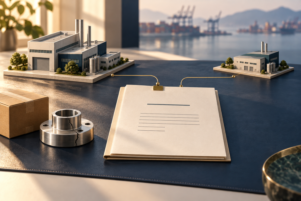 Contract folder connects two miniature factories beside a cracked metal component and shipping carton / 合同文件连接两座模型工厂,旁放瑕疵金属零件与货箱