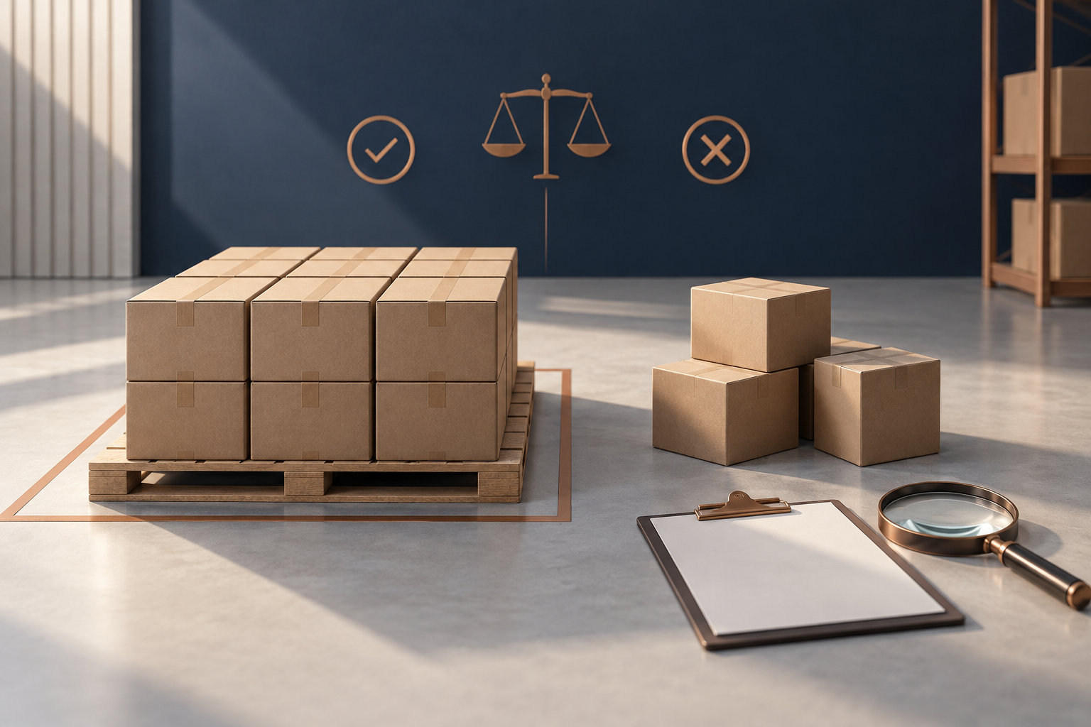 A pallet of ordered cartons and a separate group of surplus cartons beside a blank clipboard and magnifying glass / 约定数量的托盘纸箱与分开的多余纸箱，旁有空白记录板和放大镜