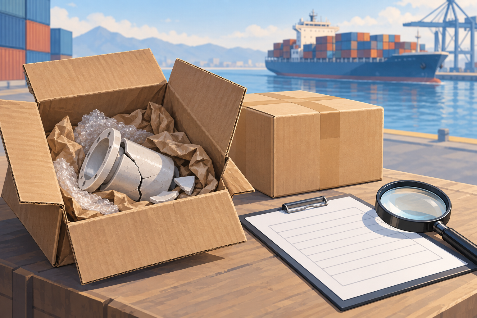 An opened carton with a cracked component, protective packing and blank handover papers near a container ship / 打开的纸箱、破损部件、防护包装和空白交接单据，背景为集装箱船