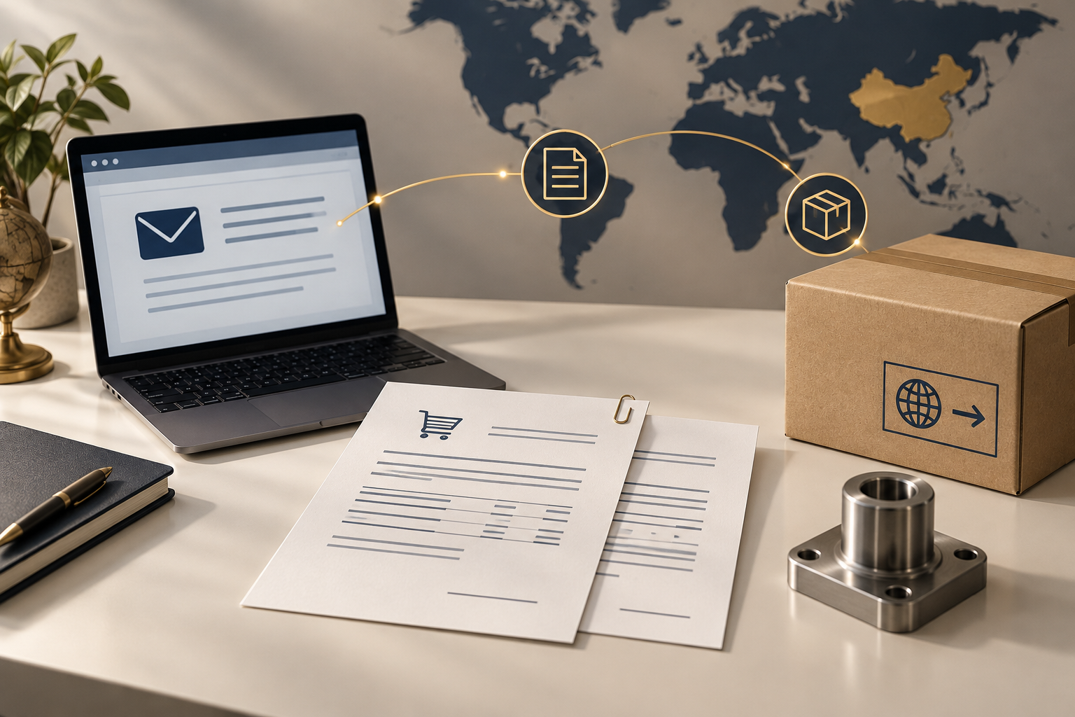 Email screen and purchase-order sheets beside a shipping carton and metal component, connected by document icons / 邮件屏幕、采购单、货箱和金属零件通过文件图标连接